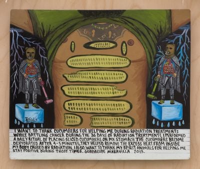 Guadalupe Maravilla, I want to thank the cucumbers Retablo (2021) (detail). Oil on tin, cotton, glue mixture wood. 116.8 x 57.1 x 15.2 cm.