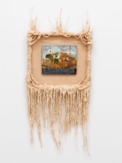 Guadalupe Maravilla, I want to thank these magnificent fruits Retablo (2021). Oil on tin, cotton, glue mixture wood. 129.5 x 57.1 cm. Exhibition view: Seven Ancestral Stomachs, P·P·O·W, New York (26 February–26-March 2021).