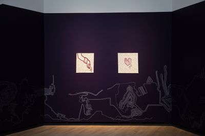 Guadalupe Maravilla, Tripa Chuca (2022) (detail). Wall drawing; Embroideries (2019). Exhibition view: Sound Botánica, Henie Onstad Kunstsenter, Sandvika (18 March–7 August 2022).