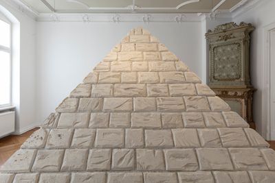Heba Y. Amin, The Devil's Garden: Marseille's Pyramid (2019). Mixed media: pyramid replica, 370 x 370 x 240 cm; H.D. video with subtitles. 6 min, 18 sec. Exhibition view: When I see the future, I close my eyes: Chapter II, Zilberman, Berlin (1 May–30 July 2022).