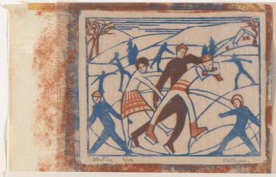 Eveline Syme, Skating (1929). Linocut, printed image. 12.2 x 15.3 cm. National Gallery of Australia collection. Purchased 1979.