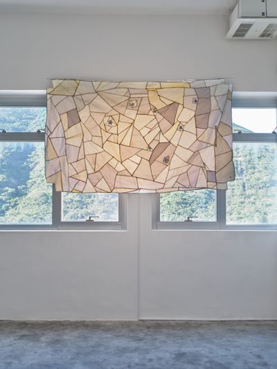 Jaffa Lam, Starry Day (2015/2022). Recycled umbrella fabric. 110 x 180 cm. Exhibition view: Chasing an Elusive Nature, Axel Vervoordt Gallery, Hong Kong (15 October 2022–7 January 2023).