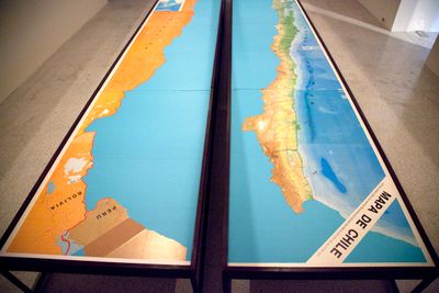 Jonathas de Andrade, Litoral Pacífico Sulamericano (South American Pacific Coast) (2011). Collage of map cuttings on blue paper. 2 pieces: 500 x 85 cm.