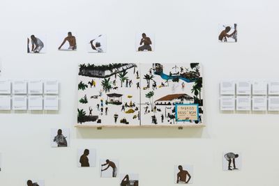​​Jonathas de Andrade, 40 nego bom é um real (40 black candies for R$ 1,00) (2013). 16 silk prints on wood, 7 acrylic engraved boards, 40 riso prints on paper, 40 laser prints on paper. Variable dimensions. Digital collages and visual conception in collaboration withSilvan Kälin, texts in collaboration with Esdras Bezerra de Andrade. Design by Priscila Gonzaga, riso prints by Editora Aplicação and silkscreen prints by Sidney Lorenzatto.