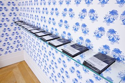Exhibition view: Mahmoud Khaled, Fantasies on a Found Phone, Dedicated to the Man Who Lost it, The Mosaic Rooms, London (22 June–25 September 2022). Multimedia installation. Photo: Andy Stagg.