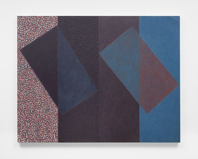 McArthur Binion, Under In: And: Out of Violet (1978–1979). Oil paint stick and wax crayon on aluminium. 116.8 x 149.9 cm.