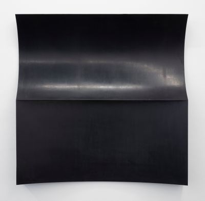 Michał Budny, Untitled (2021). Black rubber, waterproof plywood. Two parts, total 160 x 160 x 20.5 cm.