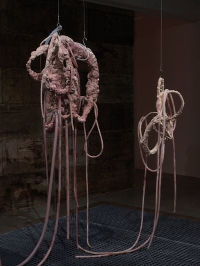 Mire Lee, Carriers: offspring V and II (2022). Silicone, pigmented glycerine, peristaltic pump, and other mixed media. Dimensions variable. Exhibition view: Carriers, Tina Kim Gallery, New York (15 September–22 October 2022).