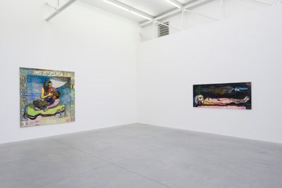 Left to right: Mounira Al Solh, The Last Three on Earth (2021). 207.6 x 198.3 cm. Oil on canvas; Buried Alive (Dead with Awakened Eyes) (2020–2021). 221.2 x 94.3 cm. Oil on canvas. Exhibition view: OFF ROAD II, Zeno X Gallery, Antwerp (10 November–18 December 2021).