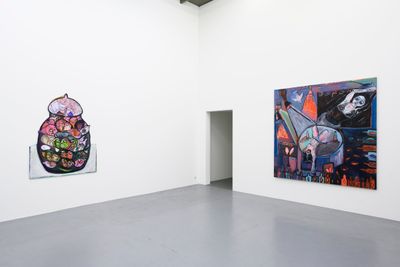 Left to right: Mounira Al Solh, The Kiss of the Revolution: Pickled (2020–2021). 165.5 x 128.3 cm. Oil on canvas; Doum Tak Tak Doum Tak (2020–2021). 206.5 x 206.2 cm. Oil on canvas. Exhibition view: OFF ROAD II, Zeno X Gallery, Antwerp (10 November–18 December 2021).