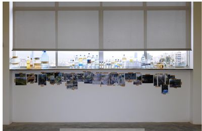 Mounira Al Solh, The levels of Thirst (2019–ongoing). 39 plastic and glass containers filled with water, printed A4 paper, 24 digital prints. Exhibition view: The Mother of David and Goliath, Sfeir-Semler Gallery, Beirut (2 May–10 August 2019).