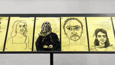 Mounira Al Solh, from 'I Strongly Believe in Our Right to Be Frivolous' (2012–ongoing). Graphite on paper, approximately 140 sheets. 42 x 29.7 cm (each). Coproduced by the Mondriaan Fonds. Exhibition view: Glass Pavilions on Kurt-Schumacher-Strasse, documenta 14, Kassel (10 June–17 September 2017).