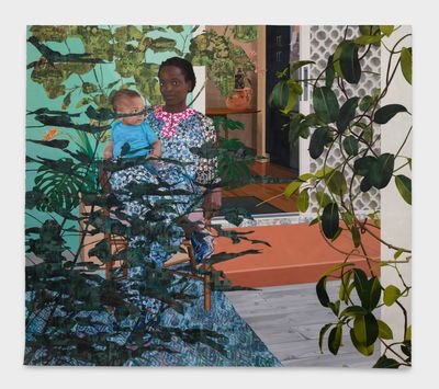 Njideka Akunyili Crosby, Still You Bloom in This Land of No Gardens (2021). Acrylic, photographic transfers, coloured pencil, and collage on paper. 243.84 x 274.32 cm. © 2021 Njideka Akunyili Crosby.