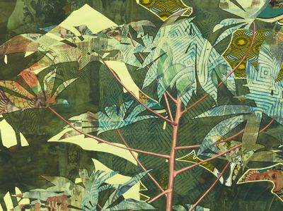 Njideka Akunyili Crosby, Cassava Garden (2015) (detail). Acrylic, transfers, coloured pencil, charcoal, and commemorative fabric on paper. 182.88 x 152.4 cm. © Njideka Akunyili Crosby.