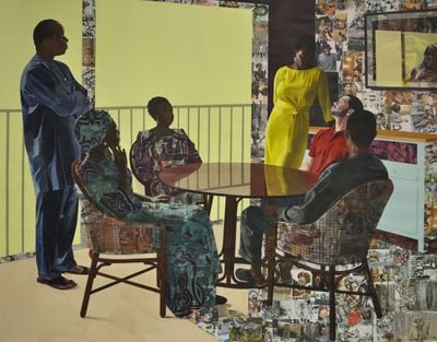 Njideka Akunyili Crosby, I Still Face You (2015). Acrylic, charcoal, coloured pencils, collage, and transfers on paper. 213.36 x 266.7 cm. © Njideka Akunyili Crosby.