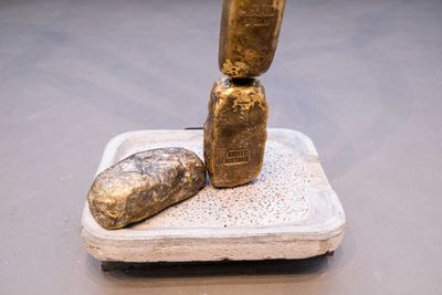 Temitayo Ogunbiyi, You will labour to find value anew (Sweet Mother, Mama Ibadan) (2022) (detail). Crystals, reconstituted copper alloy, iron, and concrete wedding gift. Dimensions variable. Photo: Benson Ibeabuchi.