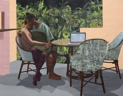 Njideka Akunyili Crosby, Garden Thriving (Right Panel) (2016). Acrylic, transfers, coloured pencil, and collage on paper. 213.36 x 274.32 cm. © Njideka Akunyili Crosby.