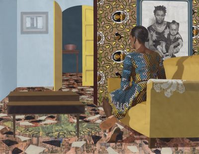 Njideka Akunyili Crosby, Mother and Child (2016). Acrylic, transfers, coloured pencil, collage, and commemorative fabric on paper. 243.84 x 314.86 cm. © Njideka Akunyili Crosby.
