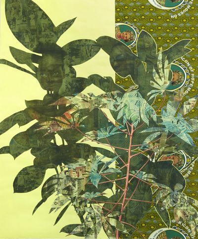Njideka Akunyili Crosby, Cassava Garden (2015). Acrylic, transfers, coloured pencil, charcoal, and commemorative fabric on paper. 182.88 x 152.4 cm. © Njideka Akunyili Crosby.