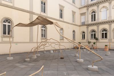 Temitayo Ogunbiyi, You will play in the everyday, running (2020). Stainless-steel pipes, cement, brass, bronze, jute, and living moss. Commissioned by Fondazione Donnaregina per le arti contemporanee, Naples.