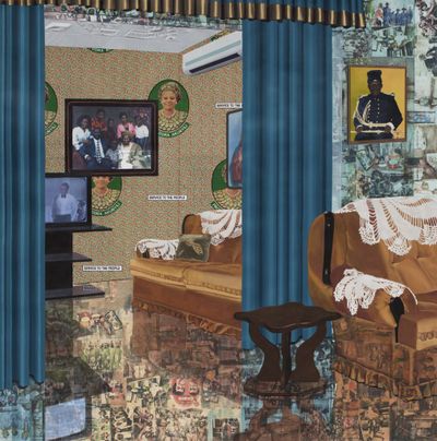 Njideka Akunyili Crosby, Home: As You See Me (2017). Acrylic, transfers, coloured pencil, charcoal, collage, and commemorative fabric on paper. 213.36 x 213.36 cm. © Njideka Akunyili Crosby.