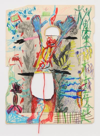 Pélagie Gbaguidi, Chaine Humaine (2022). Wax pastel, wool, and coloured pencil on paper. 36.5 x 27.5 cm.