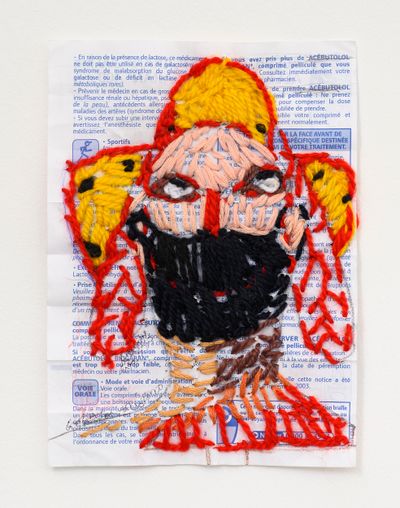 Pélagie Gbaguidi, Care (2020). Embroidery on medical leaflet. 16.5 x 12 cm.