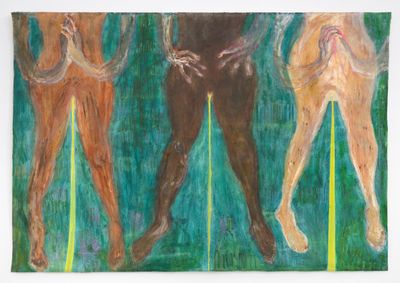 Pélagie Gbaguidi, Le jour se lève: The Mutants (2021). Acrylic and pigment on canvas. 138 x 203 cm.