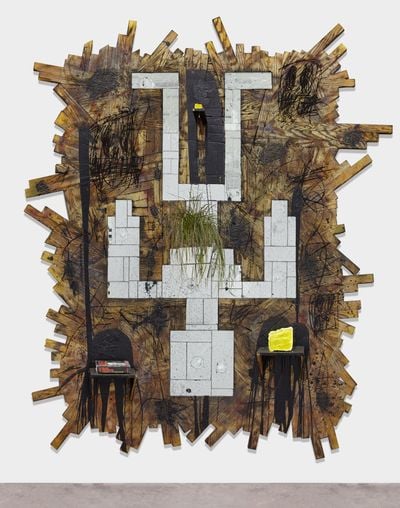 Rashid Johnson, Falling Man (2016). Burned red oak flooring, spray enamel, mirror, black soap, wax, shea butter, book, plant. Unique 299.7 x 264.2 x 30.5 cm. © Rashid Johnson.