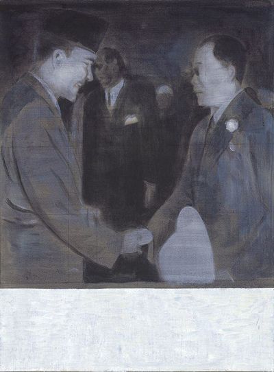 Sawangwongse Yawnghwe, My Grandfather and Sukarno 1950 (1950年祖父與蘇卡諾的會面) (2019). Oil on linen. 69 x 89 cm.