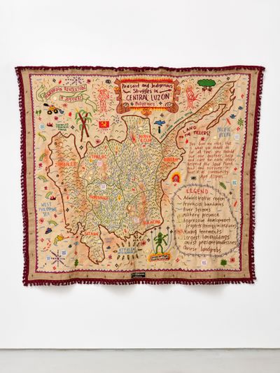 Ciant Dayrit, Valley of Dispossession (2021). Objects and embroidery on textile.