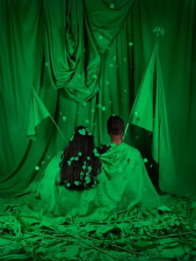 Stephanie Syjuco, Chromakey Aftermath (Standard Bearers) (2017). Archival pigment print, framed. 101.6c x 76.2 cm.