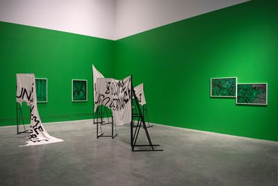 Left to right: Stephanie Syjuco, 'Become...' and 'Chromakey Aftermath' series (2021). Exhibition view: Illingworth Kerr Gallery, Calgary (16 September–20 November 2021). Photo: Chelsea Yang-Smith.