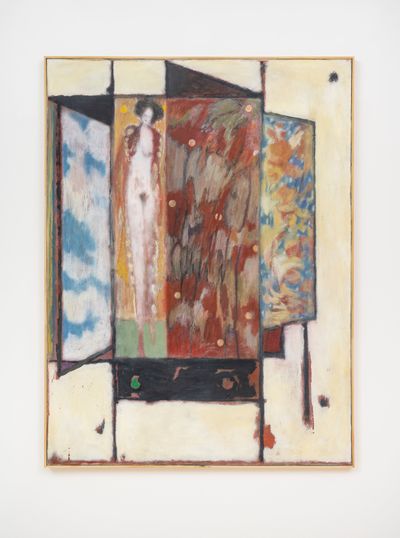 Ted Gahl, October Hutch (2021). Acrylic, Moroccan pigments, graphite, coloured pencil on canvas in artist's frame. 91 x 122 cm.