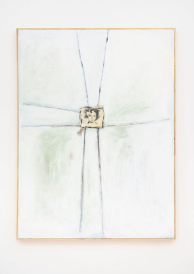 Ted Gahl, Set the Angel in Us Free (2021). Acrylic, Moroccan pigments, graphite, coloured pencil on canvas in artist's frame. 102 x 76 cm.