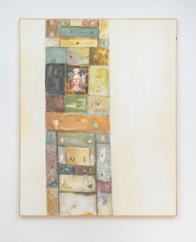 Ted Gahl, Choices (2021). Acrylic, Moroccan pigments, graphite, coloured pencil on canvas in artist's frame. 152 x 122 cm.