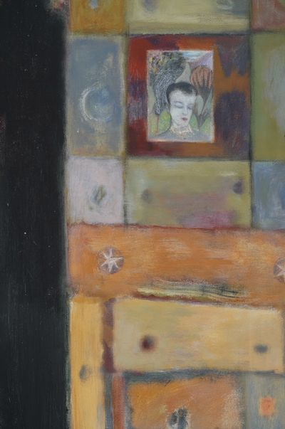 Ted Gahl, Lonely Outside (2021) (detail). Acrylic, Moroccan pigments, graphite, coloured pencil on canvas in artist's frame. 102 x 76 cm.