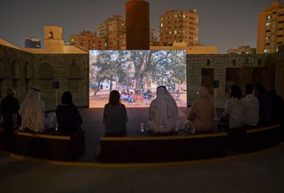 The Otolith Group, O Horizon (2018). Original format 4K video installation with colour and sound, projection screen, cork, rubber, seating. 81 min, 10 sec. Exhibition view: Xenogenesis, Sharjah Art Foundation (13 November 2021–6 February 2022).