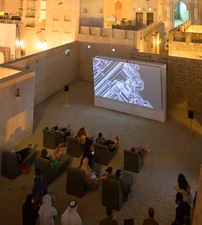 The Otolith Group, Anathema (2011). 16:9 H.D. video with colour and sound. 37 min. Exhibition view: Xenogenesis, Sharjah Art Foundation (13 November 2021–6 February 2022). Photo: Shanavas Jamaluddin.