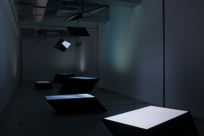 The Otolith Group, From Left to Night (2015). Five-channel 16:9 H.D. video installation with colour, no sound and mirrors, digital screens, plinths. Variable duration. Exhibition view: Xenogenesis, Sharjah Art Foundation (13 November 2021–6 February 2022).