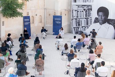The Otolith Group in conversation with exhibition curator and IMMA Director Annie Fletcher at Hamdan Bin Mousa Square, Sharjah Art Foundation, Sharjah, 2021.