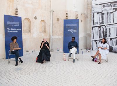 The Otolith Group in conversation. Left to right: writer Ciarán Finlayson, exhibition curator and IMMA Director Annie Fletcher, artists Kodwo Eshun and Anjalika Sagar, at Hamdan Bin Mousa Square, Sharjah Art Foundation, Sharjah, 2021.