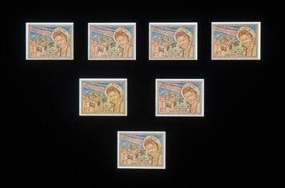 The Otolith Group, Statecraft: An Incomplete Timeline of Independence (2014–2019) (detail). Installation with postage stamps, lightboxes consisting of various materials, L.E.D. 100 x 6,000 cm. Exhibition view: Xenogenesis, Sharjah Art Foundation (13 November 2021–6 February 2022).