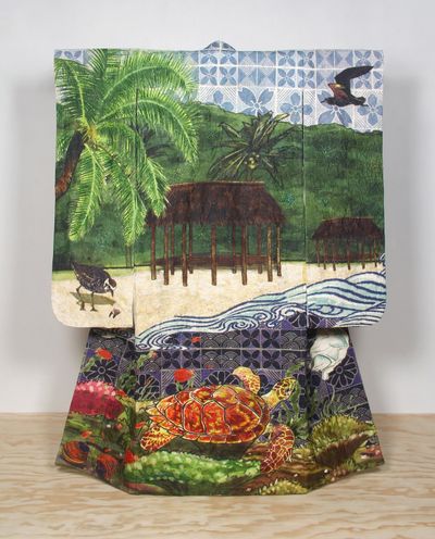 Yuki Kihara,サ-モアのうた (Sāmoa no uta) A Song About Sāmoa – Vasa (Ocean) (2019). Part 1 of 5. Samoan siapo, textiles, beads, shells, plastic, kimono. 17.5 x 13.3 x 1.5 cm.
