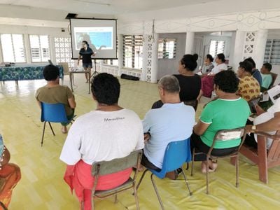 Yuki Kihara leading the consultation with the Fa'afafine community during production of Paradise Camp in Upolu Island, 2020.
