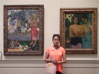 Yuki Kihara with the works of Paul Gauguin at The Metropolitan Museum of Art.