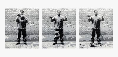 Ai Weiwei, Dropping a Han Dynasty Urn (2015). Lego bricks mounted on aluminium. Triptych, 230 x 192 cm each.