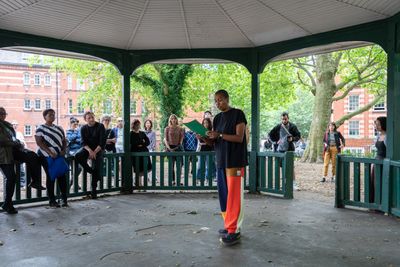 Performance view: Helen Cammock, Song and Shiver (2016). Approximately 3 min, 30 sec. Performance at Arnold Circus for Kate MacGarry, part of Performance Exchange London (9–11 July 2021).