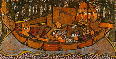 Twins Seven-Seven, The Fisherman and the River Goddess with His Captured Multi-Colored Fishes and the River Night Guard (c. 1960). Oil, pastel, and ink on plywood. Collection National Museum of African Art, Smithsonian Institution, Gift of Merton Simpson. © 2022 Artists Rights Society, New York/VG Bild-Kunst, Bonn. Photo: Franko Khoury.