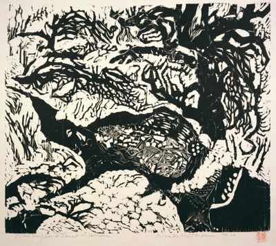 Naoko Matsubara, New England Forest in Winter (c. 1967). Woodcut on paper. Collection Philadelphia Museum of Art, Gift of the Society of American Graphic Artists for the Benton Spruance Memorial Collection, 1969.
